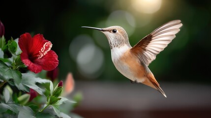 Fototapeta premium Colorful hummingbird hovering near bright red flower in a lush garden during a sunny afternoon