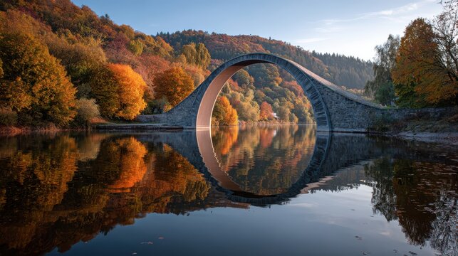Stunning Rakotz Bridge in Kromlau Germany during Autumn reflecting in Rakotzsee lake with fall colors and idyllic scenery