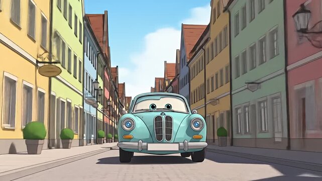 A light blue vintage car with eyes on the windshield drives down a narrow street lined with colorful buildings under a bright sky.