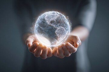 Hands Holding Holographic Globe &ndash; Futuristic Concept