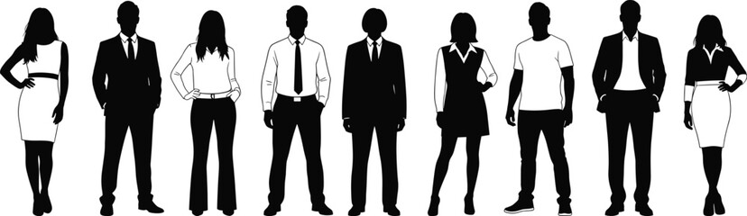 Silhouette illustration of diverse business professionals and casual people standing in various poses for corporate design, presentation, branding, and creative projects
