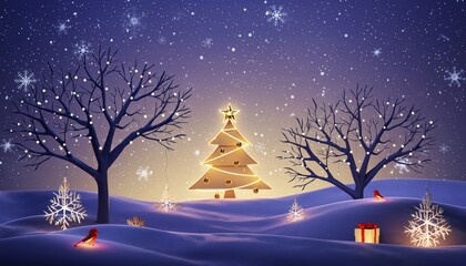 Winter wonderland celebration snowy landscape digital art festive atmosphere serene night view christmas spirit with decorative trees and gifts