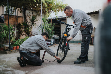 Obraz premium Two technicians work together to repair a bicycle outside, using the stand and pump. They wear gray uniforms, showing teamwork and practical auto repair in a yard setting.