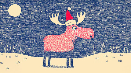 Adorable whimsical Handdrawn, drawing, doodle of Moose, reindeer, deer wearing red Santa hat in the winter snowing winter landscape for Christmas greeting card template design