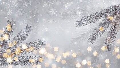 Festive celebration decor winter wonderland image of christmas lights and pine fronds serene atmosphere close-up view cozy holiday spirit with snowflakes and bokeh effects