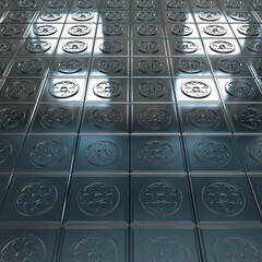 Reflective tiled surface with embossed circular patterns arranged in a grid. Metallic finish and symmetrical design create depth, geometric regularity, and visual complexity