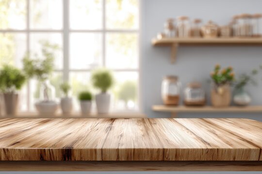 Wood tabletop with blurred kitchen background showcasing plants and rustic shelving ideal for product mockups and culinary presentations