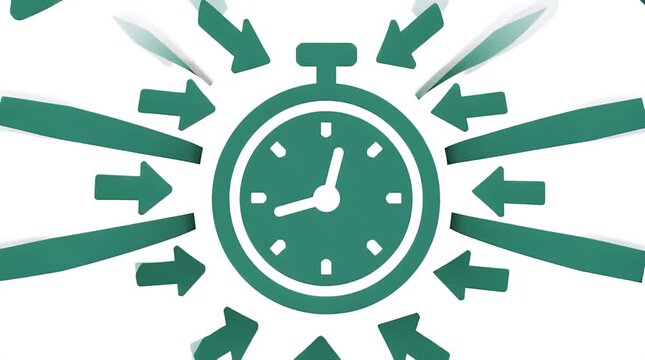 A green clock illustration surrounded by inward-pointing arrow shapes