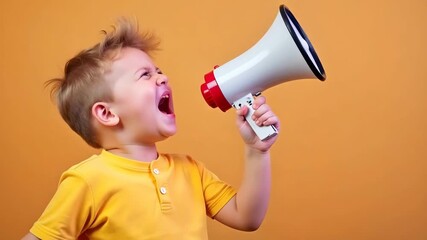 Young toddler boy happily screaming in megaphone loudspeaker on studio orange background. Important announcement news, significant messages sale discount concept. Copy paste place