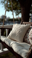 A Swing Gently Swaying with cosy knitted blanket, comfy pillows in the Breeze cold weather, winter from a Rustic Porch, countryside, farmhouse