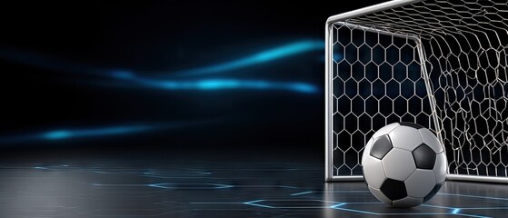 Exciting moment in soccer with a goalpost and a ball ready for a crucial match during nighttime with blue light effects
