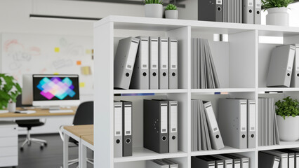 A modern office scene with a white shelving unit filled with grey and black binders, separating a desk area with a computer from the viewer