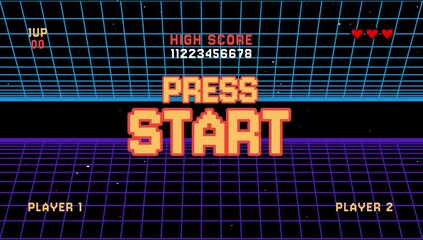 Press start high score text retro game. Pixel art 8 bit asset game futuristic sci-fi retrowave background - Powered by Adobe