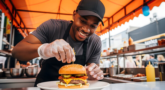 Black Chef Crafting Delicious Burger at Food Truck Perfection Street Food Experience Culinary Passion Urban Eats American Cuisine Gourmet Lunch  Restaurant Quality