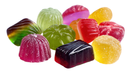 Colorful assortment of hard candies, gummies and jelly sweets in mixed shapes and bright fruit flavors, isolated on white for marketing, packaging and design use, png