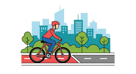 Cyclist riding a bicycle on a dedicated lane in the city. Urban transportation and eco-friendly commuting concept. Flat design vector illustration