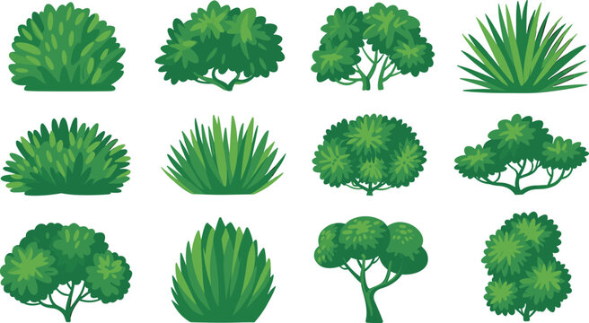 Green bush and shrub vector collection featuring various plant shapes for garden and game landscape design.