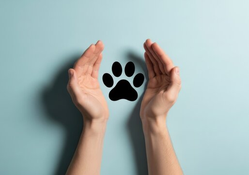 Gentle human hands cupping a black paw print symbol representing animal care and protection against a soft blue background