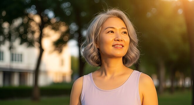 Graceful mature woman enjoying golden hour light in tranquil outdoor setting