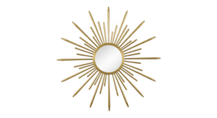 Golden sunburst mirror with reflective center isolated on transparent background