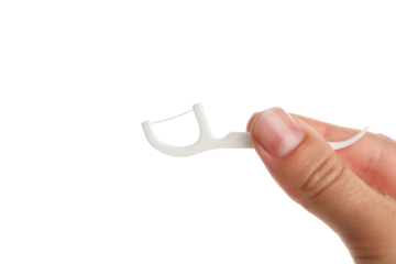 Using a special floss tool for dental hygiene, isolated, PNG