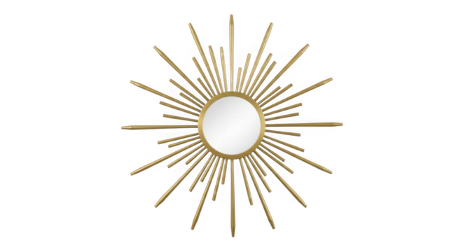 Golden sunburst mirror with reflective center isolated on transparent background