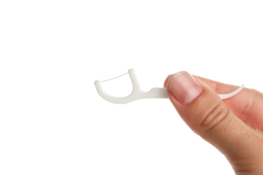 Using a special floss tool for dental hygiene, isolated, PNG