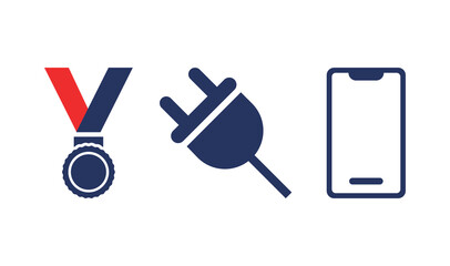 Vector Line Icons: Achievement Medal, Electric Power Plug, and Smartphone Symbols Set
