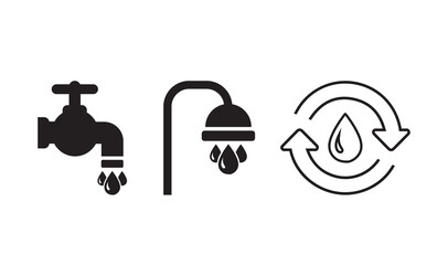 Water Consumption, Conservation, and Recycling Vector Icon Set: Faucet, Shower, and Eco Symbols
