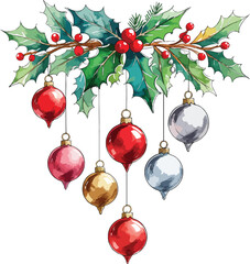 colorful baubles in red gold and silver hanging down from holly leaves with red berries