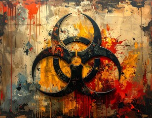 Biohazard symbol over graffiti-style wall with splattered paints