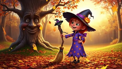 A cute little witch with a broomstick stands next to a smiling tree in an autumn forest, with falling leaves and warm sunlight. - Powered by Adobe
