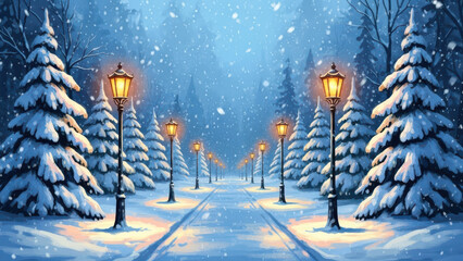 Enchanting winter landscape with snow covered trees and streetlights