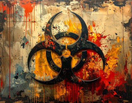 Biohazard symbol over graffiti-style wall with splattered paints