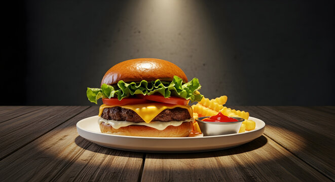 Elevated Gourmet Burger Delight Exquisite culinary presentation of a juicy beef patty topped with fresh vegetables and melted cheese perfect for menu advertising - Powered by Adobe