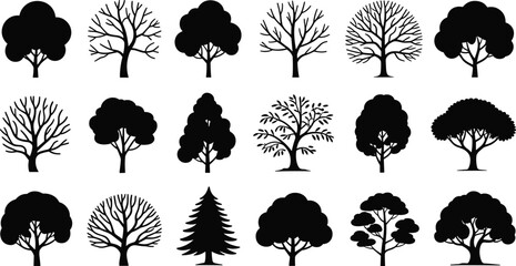 Vector collection of black tree silhouettes featuring leafy and bare branches for nature landscape and logo design.