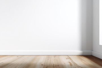 Minimalist empty room corner with light wooden flooring and plain white walls, providing a bright and neutral mockup background