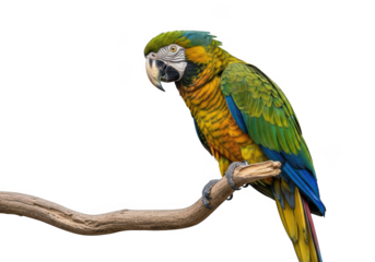 Vibrant blue and gold macaw parrot perched gracefully on a branch isolated on transparent background