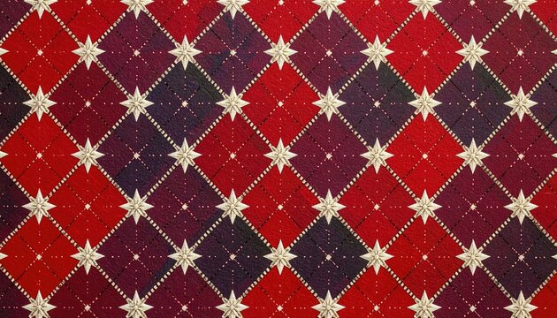 Textured red and deep purple argyle diamond pattern with star embellishments and dotted borders.