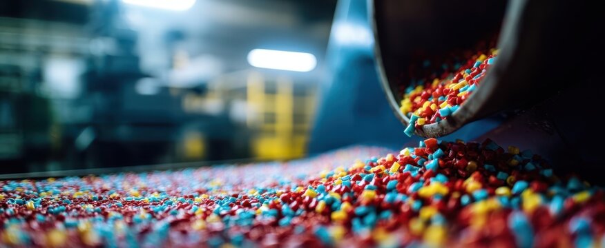 The sprinkles cascading from industrial chute in vibrant candy factory production line