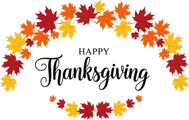 Celebration text hand drawn happy thanksgiving calligraphy text for greeting card. Happy Thanksgiving typography with berries and leaves for postcard icons badge. Vector realistic isolated typography.