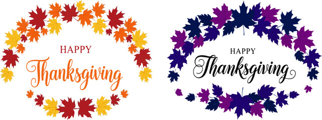 Celebration text hand drawn happy thanksgiving calligraphy text for greeting card. Happy Thanksgiving typography with berries and leaves for postcard icons badge. Vector realistic isolated typography.