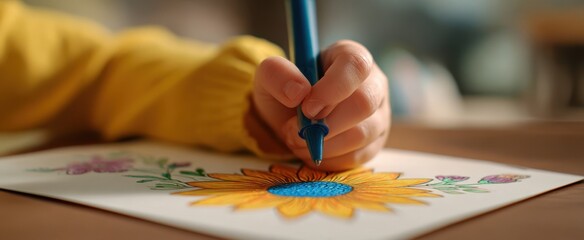 The Sunflower Drawing Colored by a Child's Hand with Blue Marker