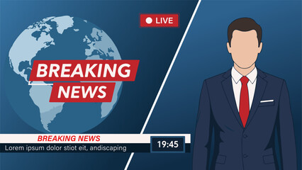 TV Breaking news reporter studio with broadcaster and breaking world background in a well decorated studio setup vector illustration.