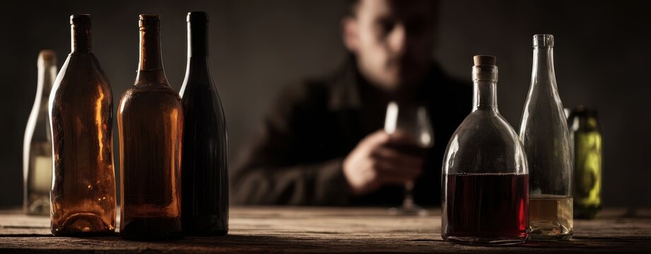 The Bottles on a Rustic Bar Table with Man Sipping Wine in Shadows