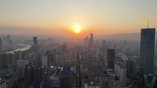 Lanzhou Gansu Sunrise Aerial City View China