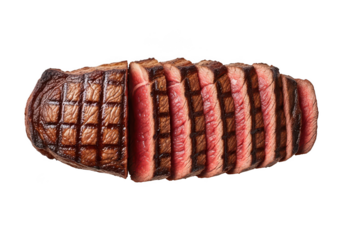 Perfectly grilled and sliced medium rare steak isolated on transparent background