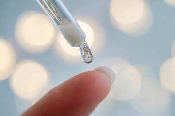 Single milky serum droplet falls gracefully from glass pipette onto human fingertip