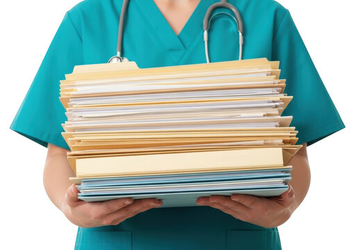 Healthcare professional holding a large stack of patient files isolated on transparent background