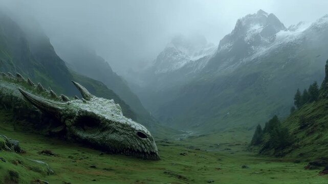 Ancient Giant Dragon Skull Fossil in Misty Green Mountain Valley - Epic Fantasy Landscape for RPG Game and Legend Concept